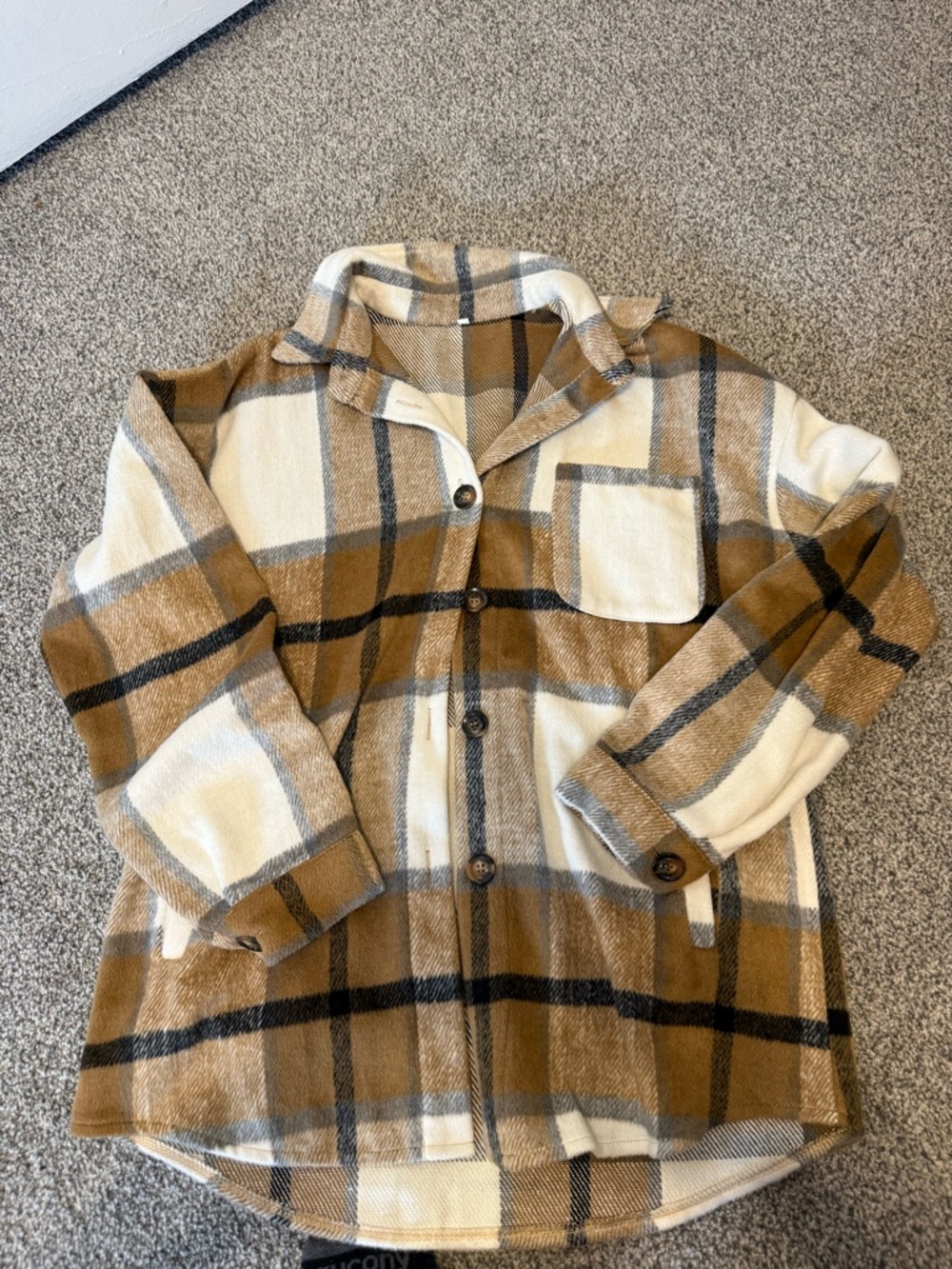 Plaid Button-Up Shacket in Camel and Cream